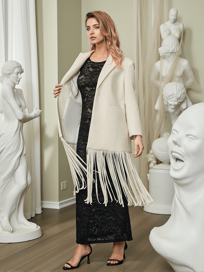 Esclarmonde V Neck Fringe Woolen Coat