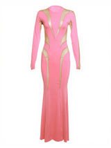 Ismay Long Sleeve Mesh Bodycon Maxi Dress In Pink