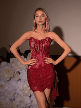 Yolita Strapless Patchwork Lace Dress In Red