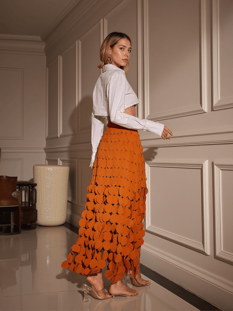 Nyx Circle Cutout Fringe Skirt In Orange