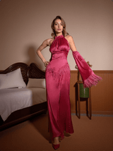 Knute Halterneck Feather Satin Dress In Hot Pink