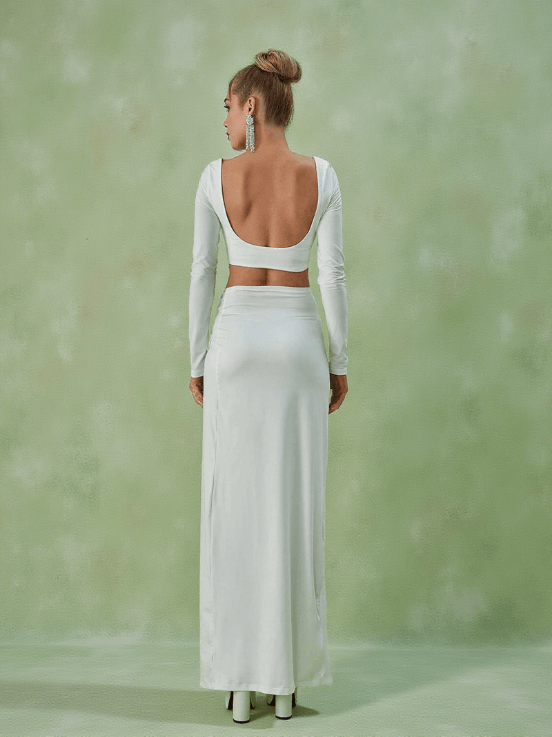 Este Long Sleeve Ruched Split Set In White