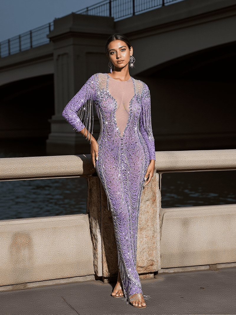 Kaede Crystal Chain Fringe Mesh Maxi Dress In Purple