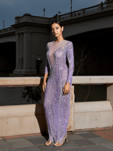 Kaede Crystal Chain Fringe Mesh Maxi Dress In Purple