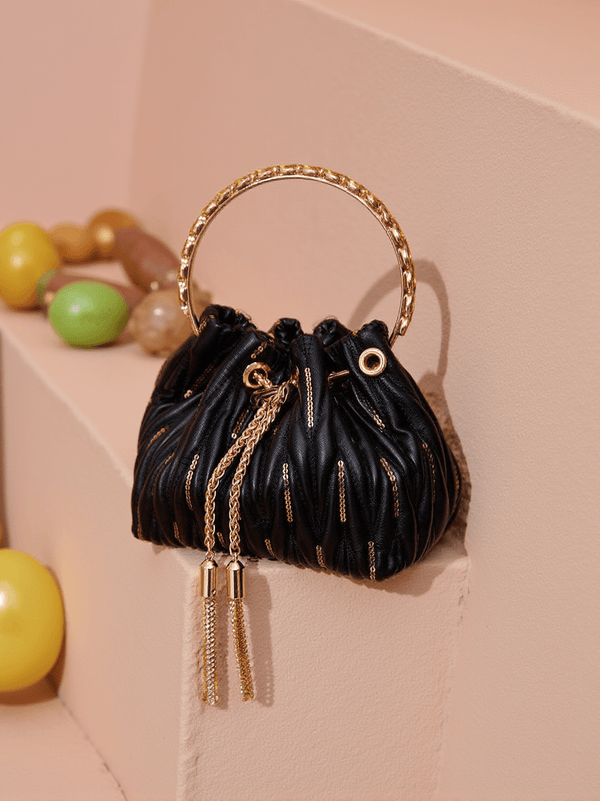 Mattea Leather Sequin Bucket Bag In Black