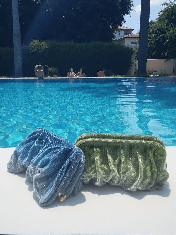 Marigold Ruched Crystal Clutch In Blue