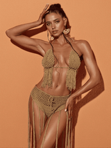 Berlin Knit Fringe Bikini Two Piece Set In Brown