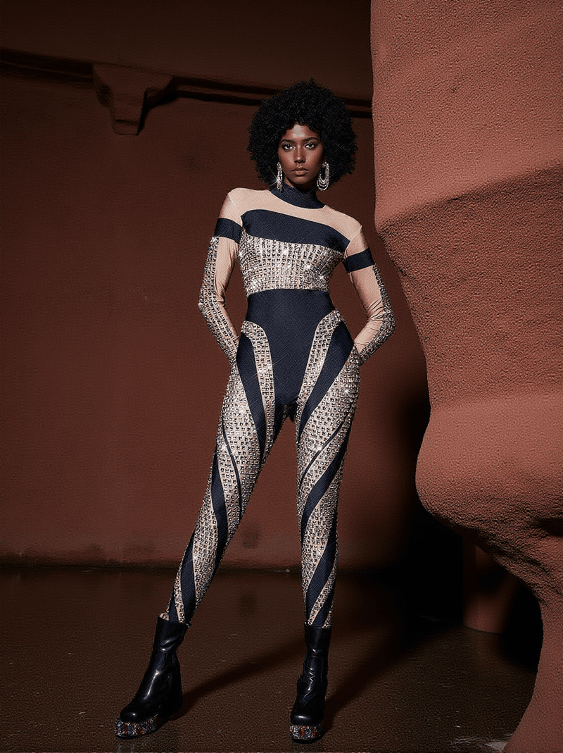 Leatrice Square Rhinestone Stripe Jumpsuit