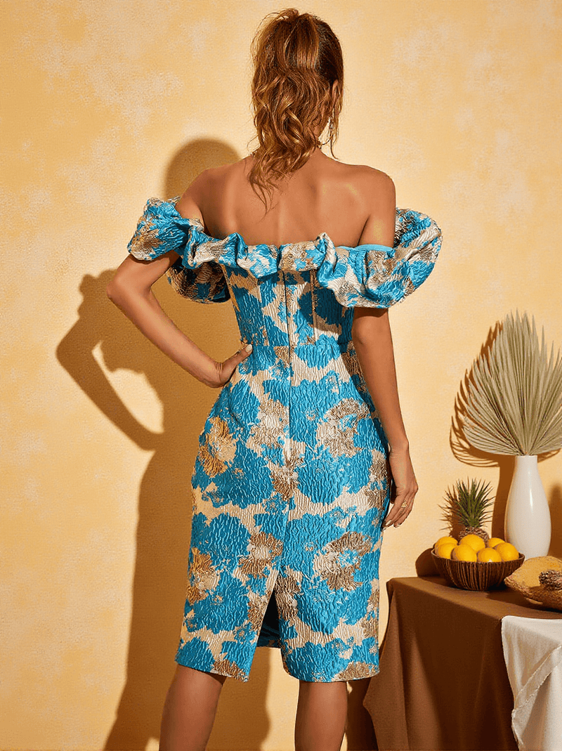 Giselle Jacquard Off Shoulder Midi Dress In Blue