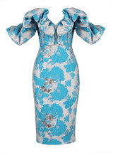 Giselle Jacquard Off Shoulder Midi Dress In Blue