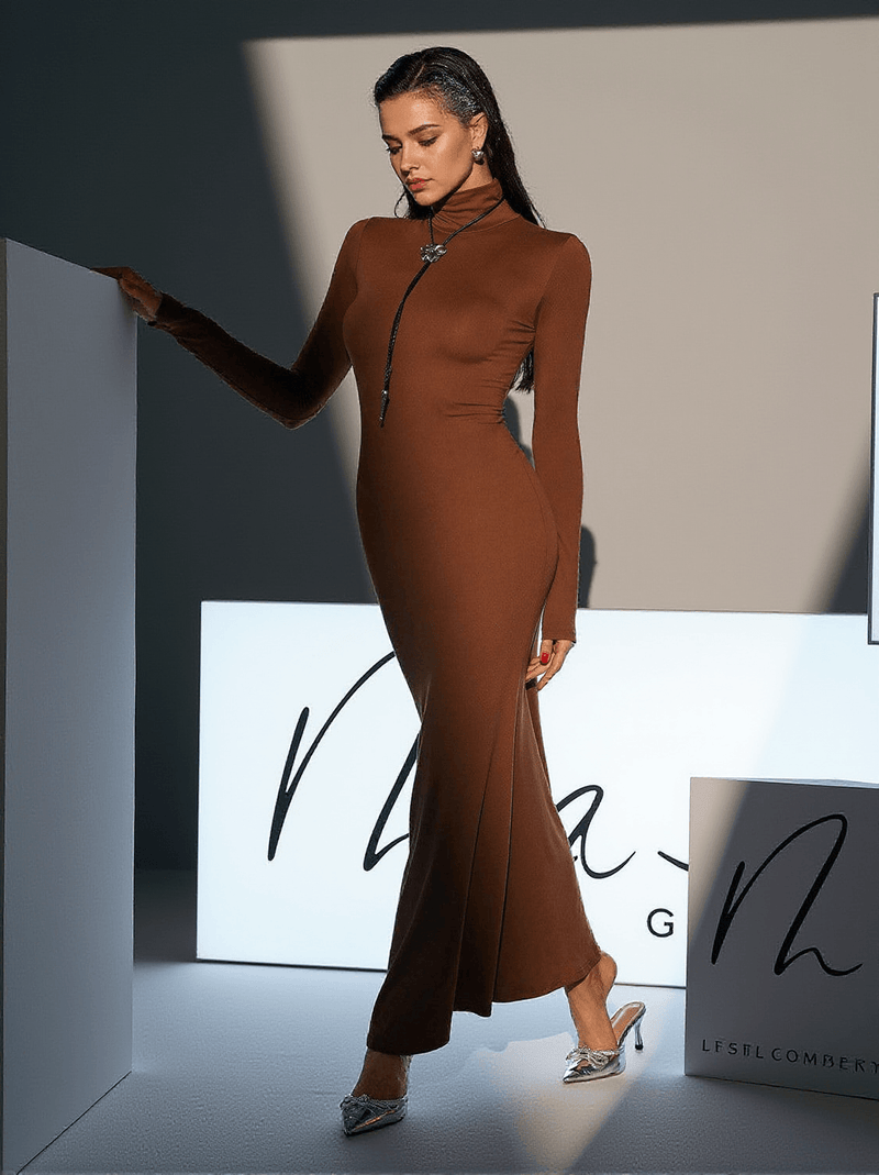 Hal Long Sleeve Mermaid Maxi Dress In Brown