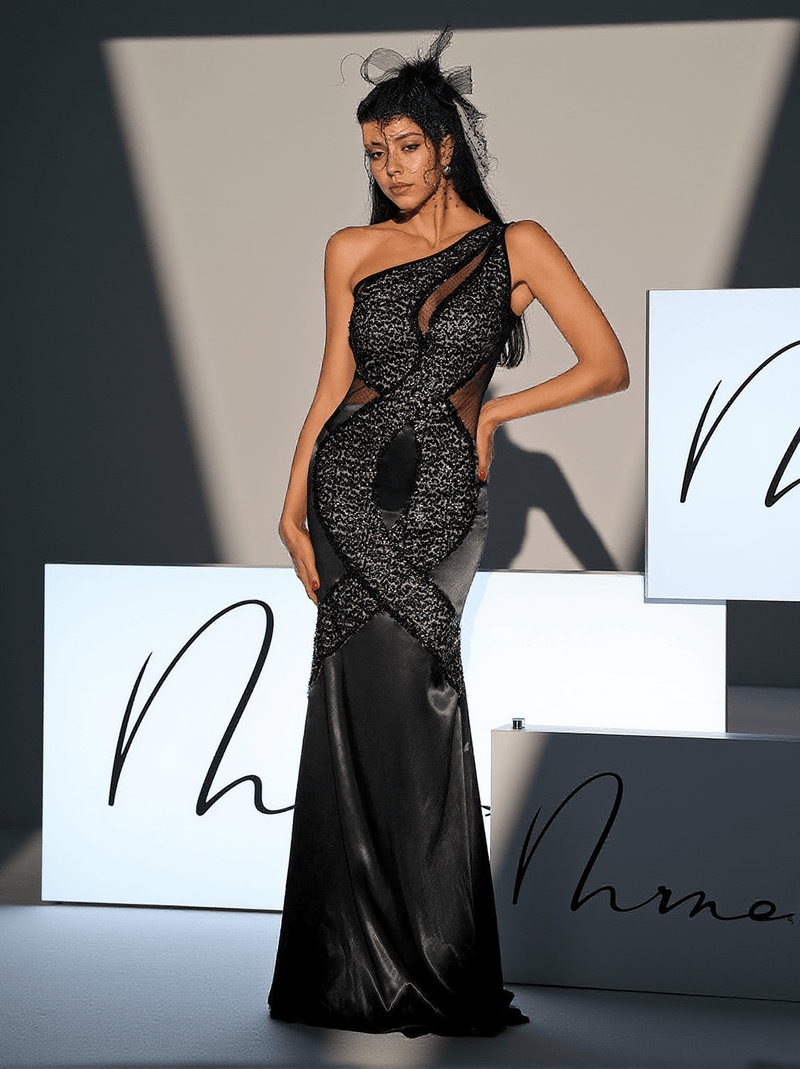 Calina One Shoulder Sequin Maxi Satin Dress