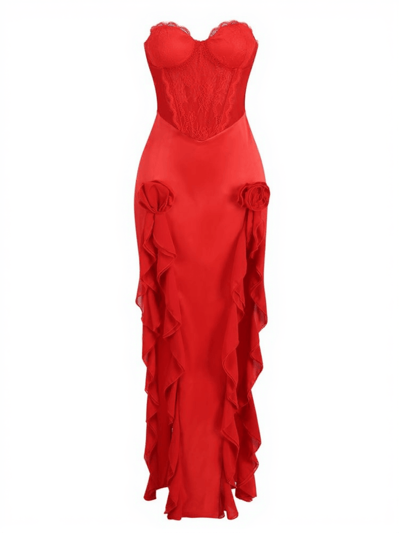 Raoul Strapless Lace Tulle Maxi Dress In Red