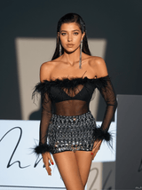 Eamon Off Shoulder Feather Mesh Bodysuit