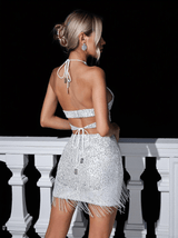 Altalune Halterneck Sequin Skirt Set In Silver