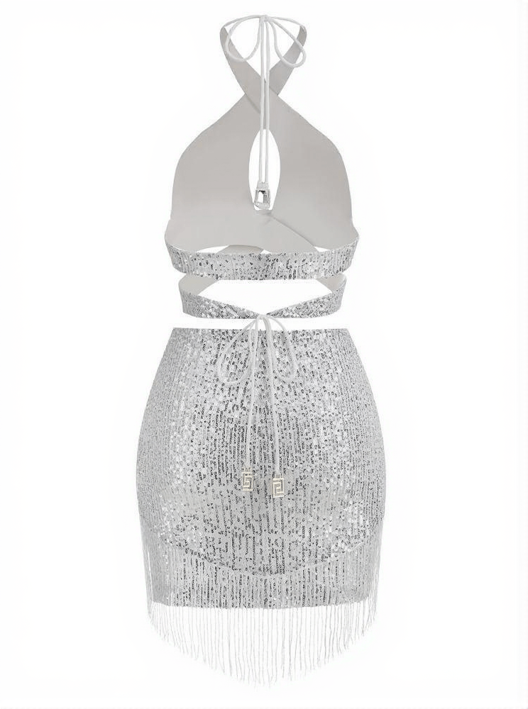 Altalune Halterneck Sequin Skirt Set In Silver