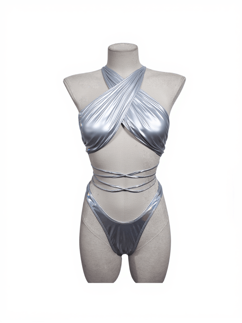 Ebenezer Lacing Metallic Bikini Two Piece Set