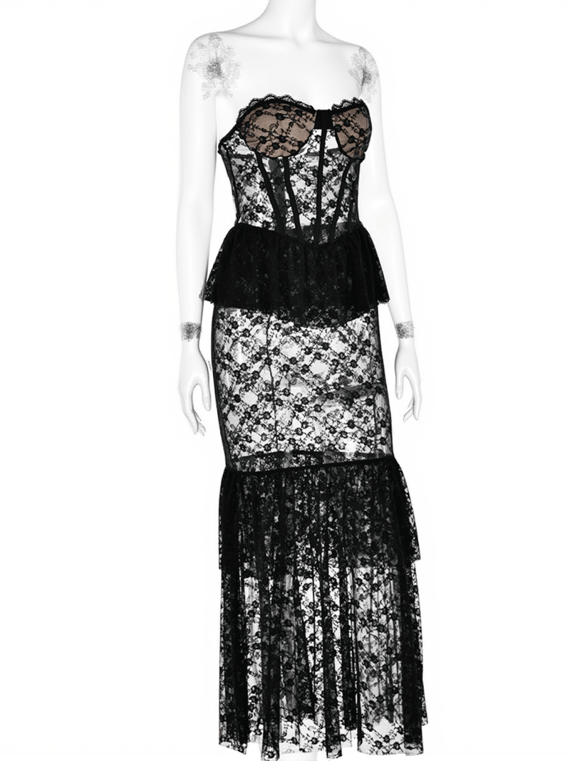 Senja Strapless Lace Mermaid Dress In Black