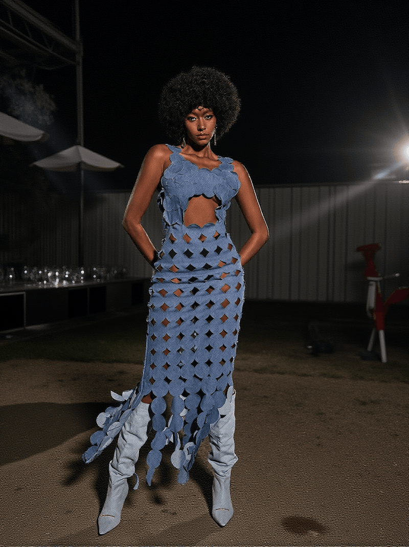 Nyx Circle Cutout Fringe Denim Maxi Dress