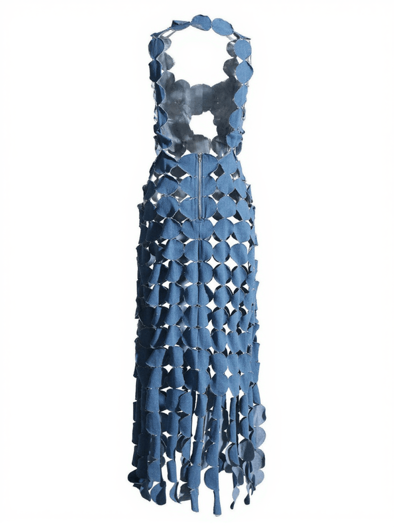 Nyx Circle Cutout Fringe Denim Maxi Dress