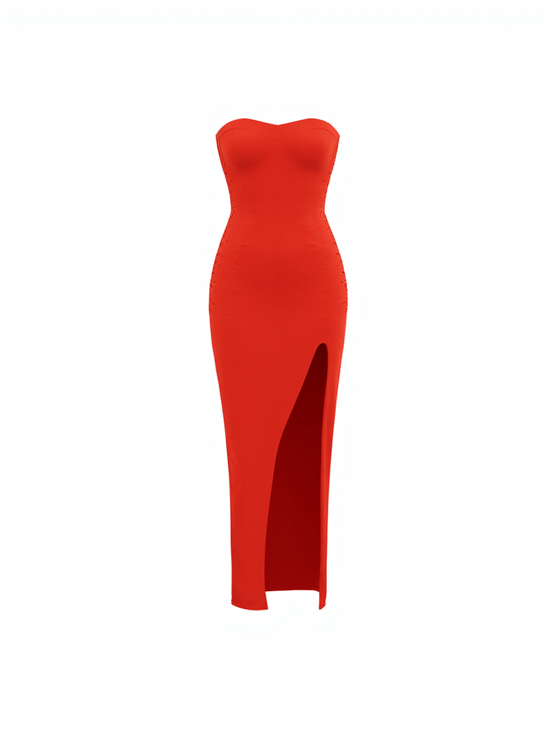 Carew Strapless Ruched Dress In Red