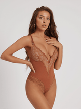 Cobalt V Neck Corded Lace Bodysuit In Brown