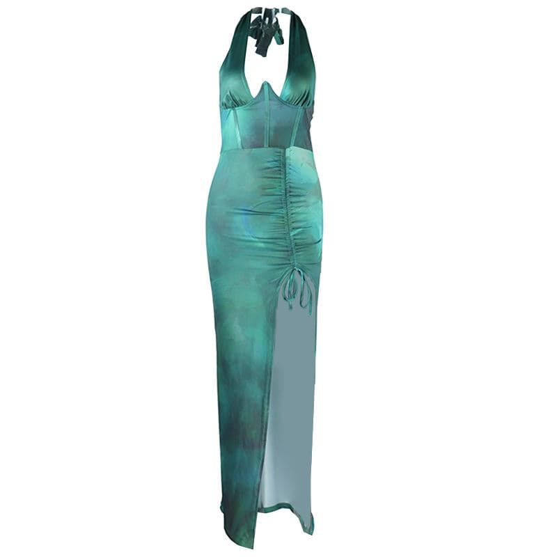 The Luxe Emerald Green Satin Halter Maxi Dress - Ruched Slit & Corset Detail for Holiday & New Year's Eve