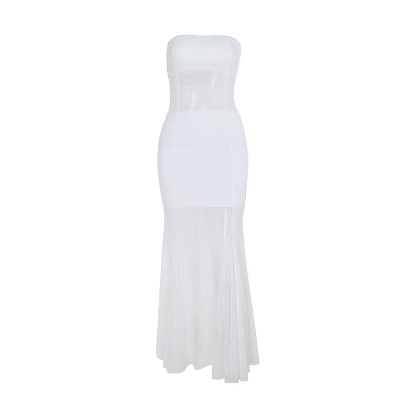 Siren White Strapless Mesh Illusion Maxi Dress - Elegant Fall/Winter Soiree Gown