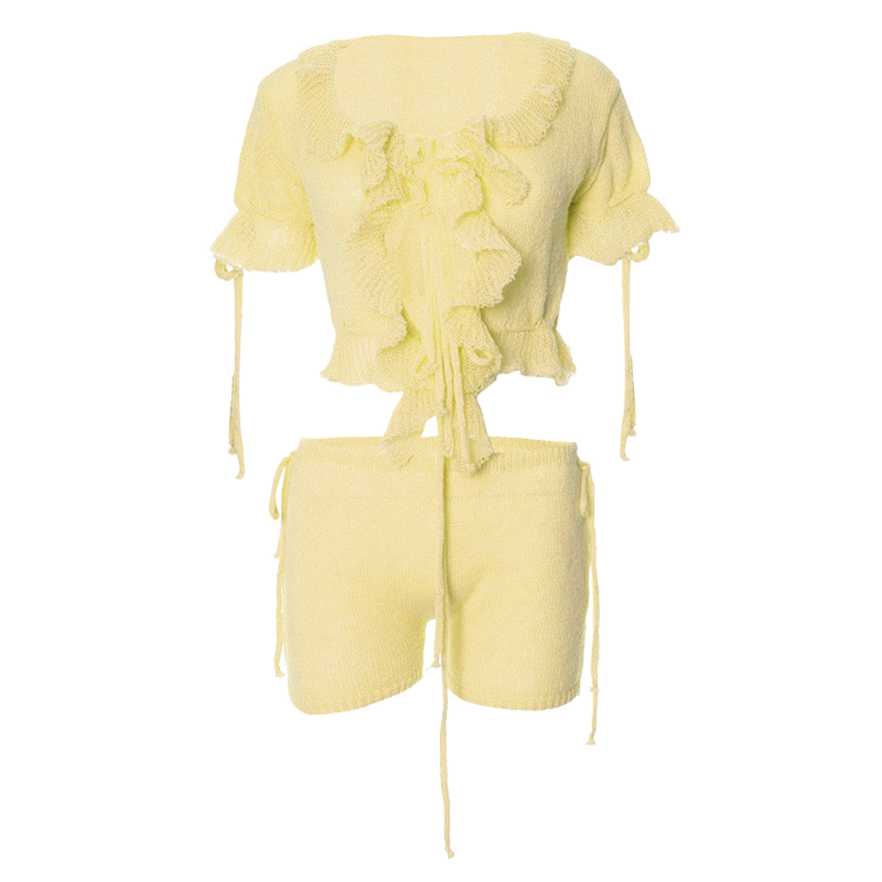 Sweetheart Pink Ruffle Knit Set - Adjustable Crop Top & Shorts | Cozy Fall Chic