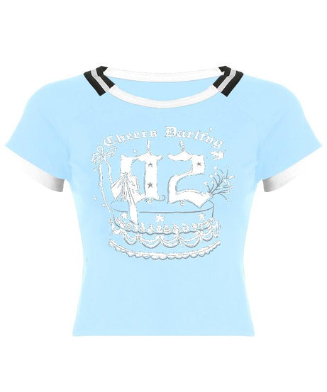Cheers Darling Sky Blue Graphic Fitted Tee - Y2K Inspired Celebration Top for Fall