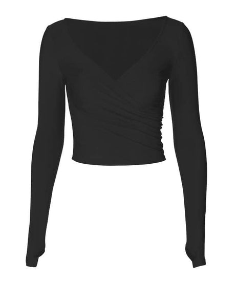 Chic Fall Essential: Black Wrap V-Neck Long Sleeve Crop Top with Thumbholes