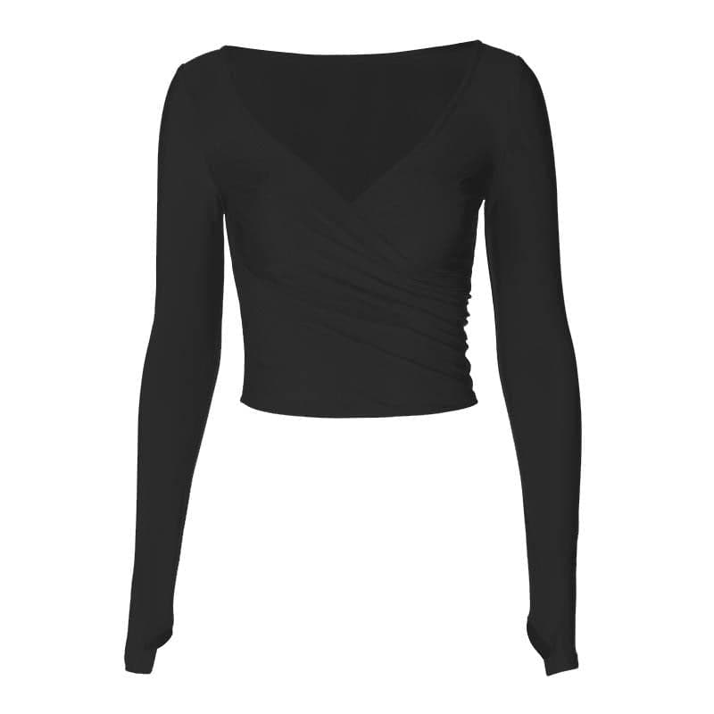Chic Fall Essential: Black Wrap V-Neck Long Sleeve Crop Top with Thumbholes