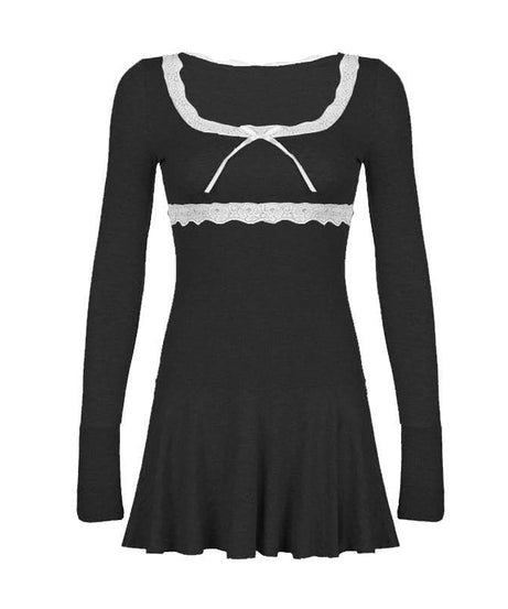 Coquette Core Black Lace Square Neck Long Sleeve Mini Dress | Fall Chic