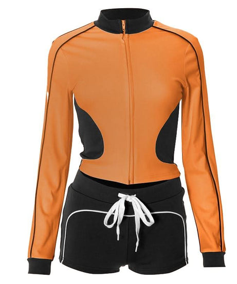Chic Fall Athleisure Set: Women's Full-Zip Crop Jacket & Drawstring Shorts - Cozy Autumn Comfort