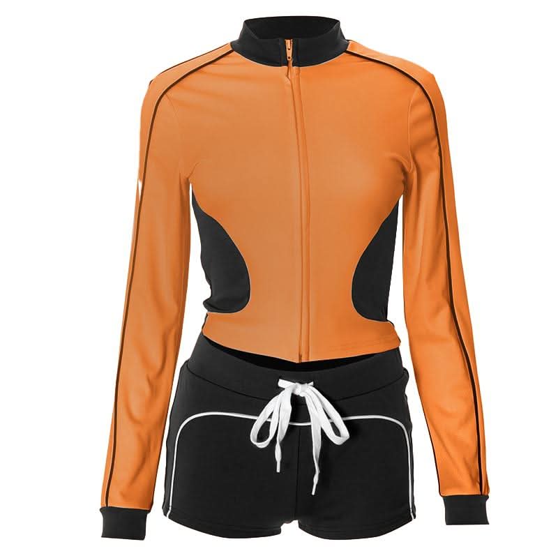 Chic Fall Athleisure Set: Women's Full-Zip Crop Jacket & Drawstring Shorts - Cozy Autumn Comfort