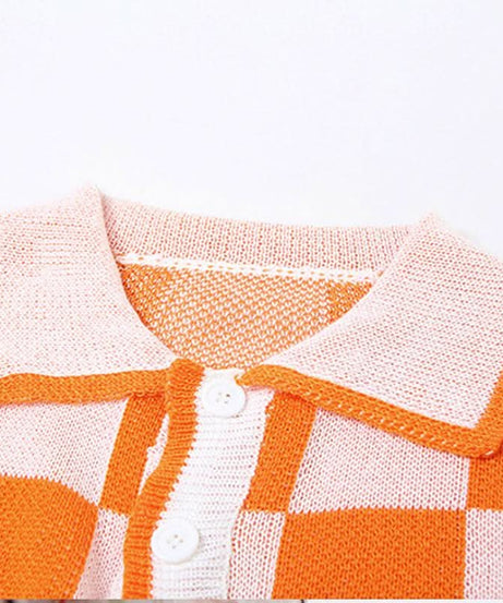 Fall Vibes Retro Orange & White Checkerboard Knit Crop Top & Drawstring Shorts Set
