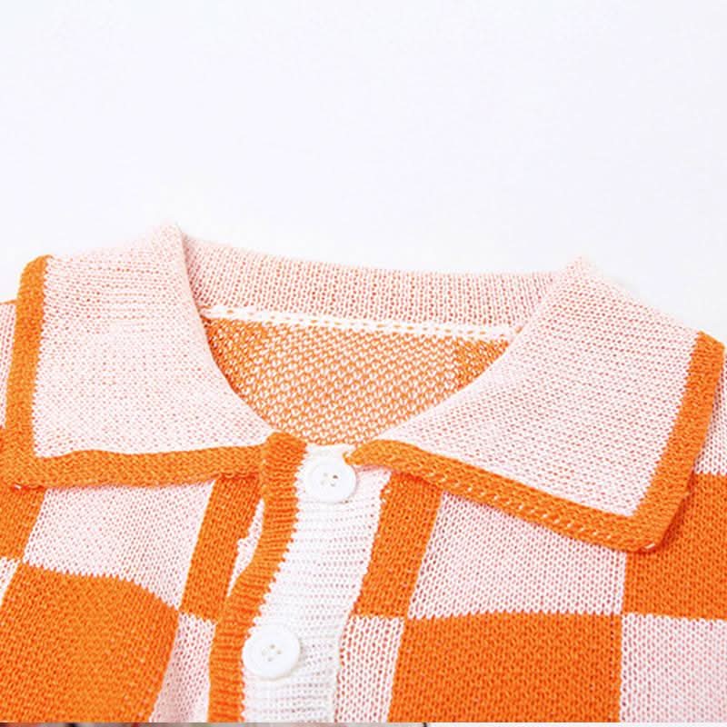 Fall Vibes Retro Orange & White Checkerboard Knit Crop Top & Drawstring Shorts Set