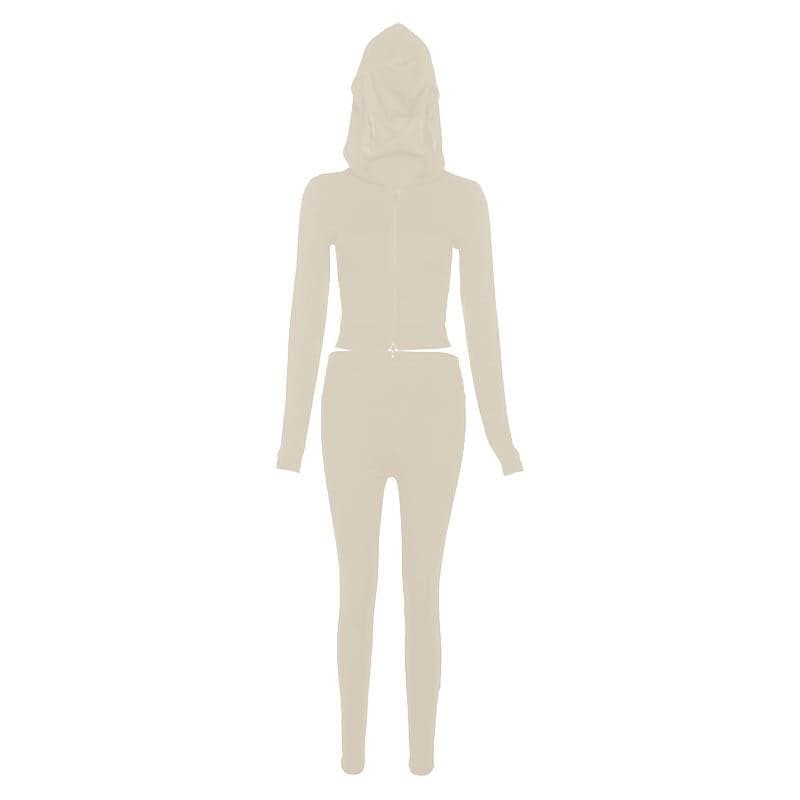 Cozy Fall Athleisure: Women's Black Full-Zip Crop Hoodie & Legging Set