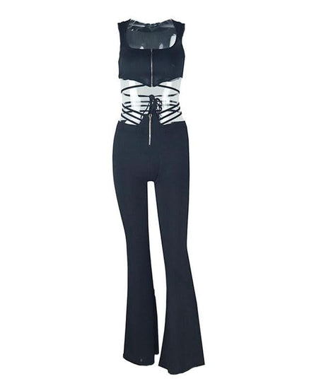 Snatched & Chic: Black Square Neck Flared Jumpsuit with Transparent Lace-Up Waist – Fall & Holiday Must-Have