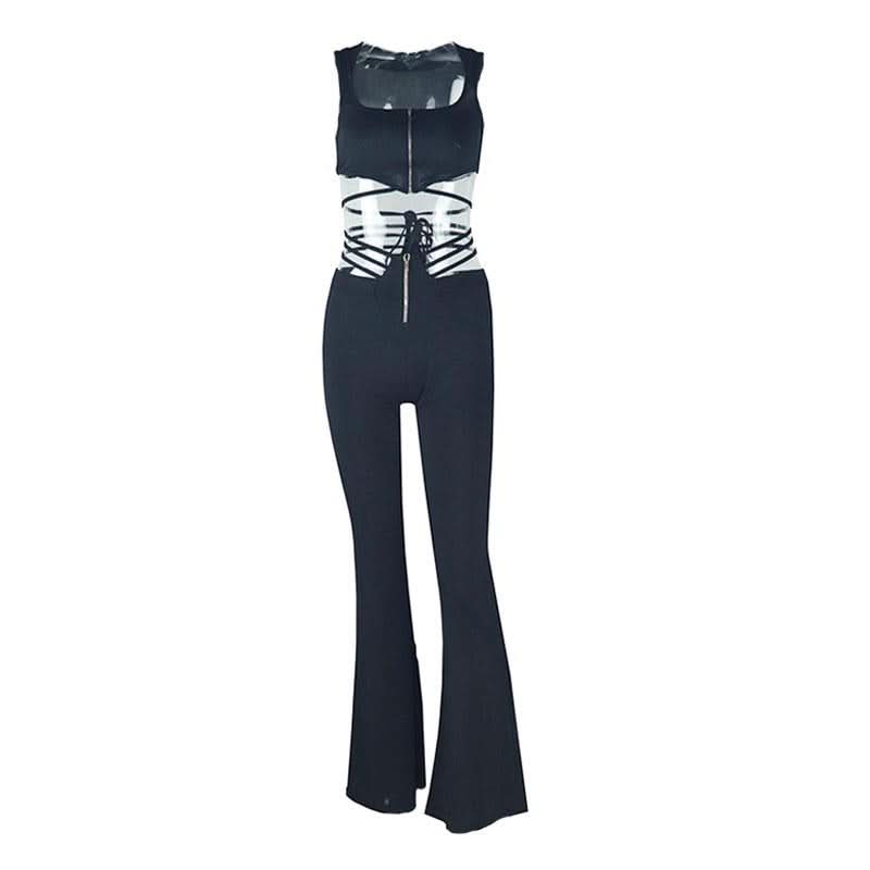 Snatched & Chic: Black Square Neck Flared Jumpsuit with Transparent Lace-Up Waist – Fall & Holiday Must-Have