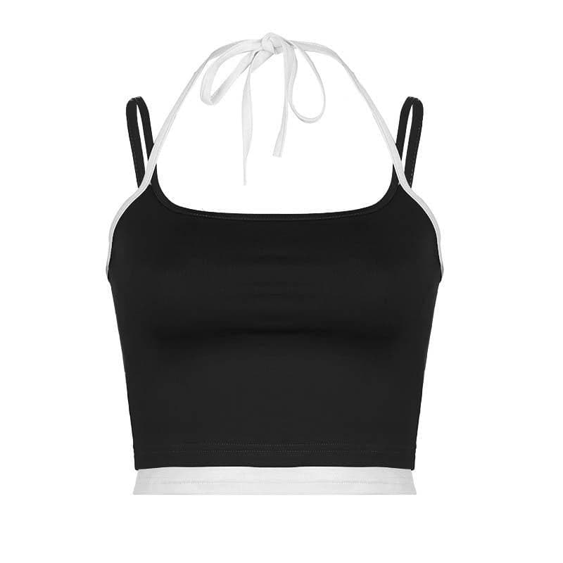 Chic Black & White Contrast Halter Crop Top – Essential Fall Style