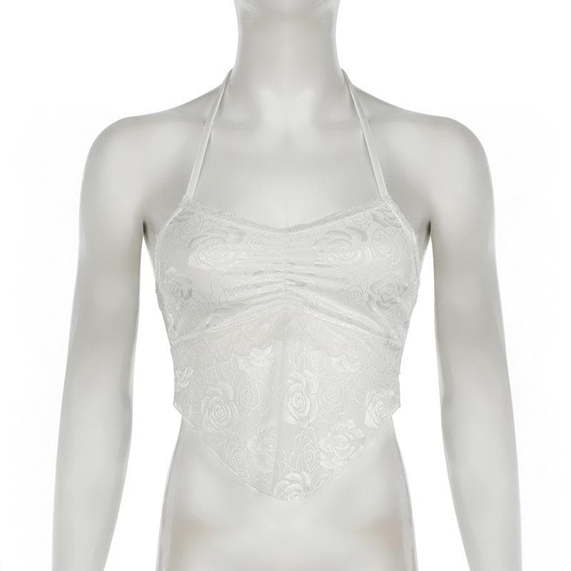 Enchanting White Rose Lace Halter Crop Top - Y2K Romantic Style for Fall & Halloween