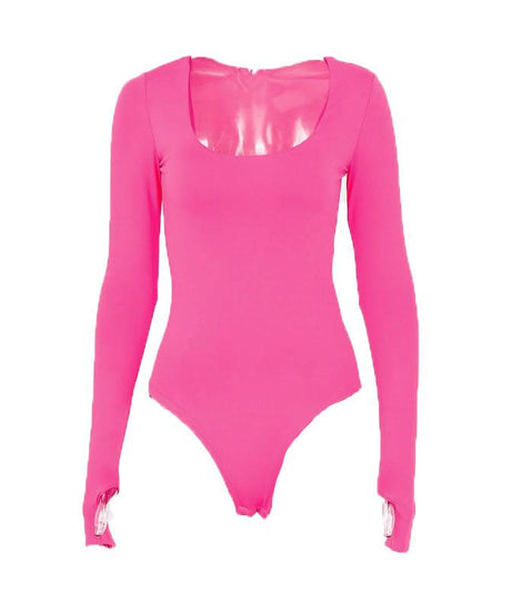 Vibrant Orange Long Sleeve U-Neck Bodysuit with Thumbholes – Seamless Fall & Halloween Essential