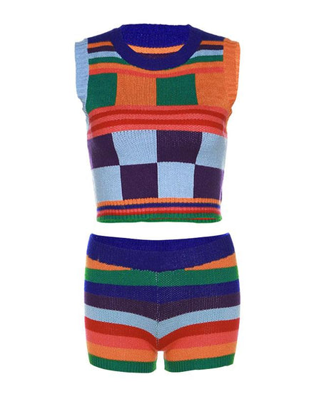 Groovy Getaway Knit Set: Vibrant Checkerboard Crop Top & Striped Shorts