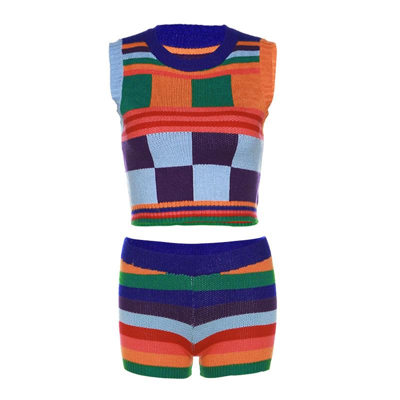 Groovy Getaway Knit Set: Vibrant Checkerboard Crop Top & Striped Shorts