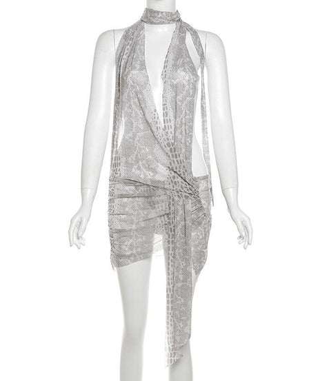 Unleash Your Fierce: Snakeskin Halter Ruched Mini Dress – Perfect for Halloween & Fall Nights Out