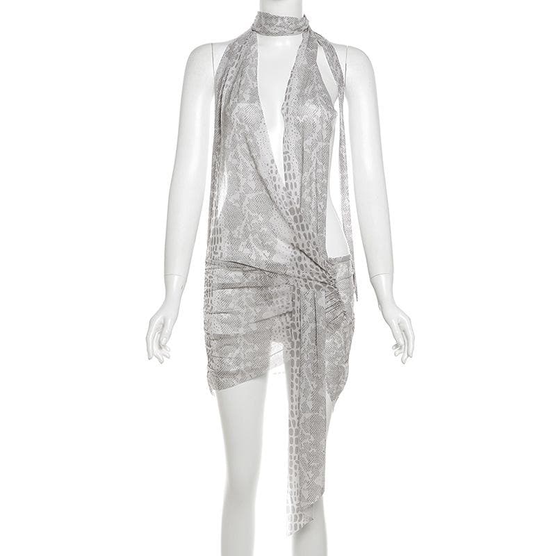 Unleash Your Fierce: Snakeskin Halter Ruched Mini Dress – Perfect for Halloween & Fall Nights Out
