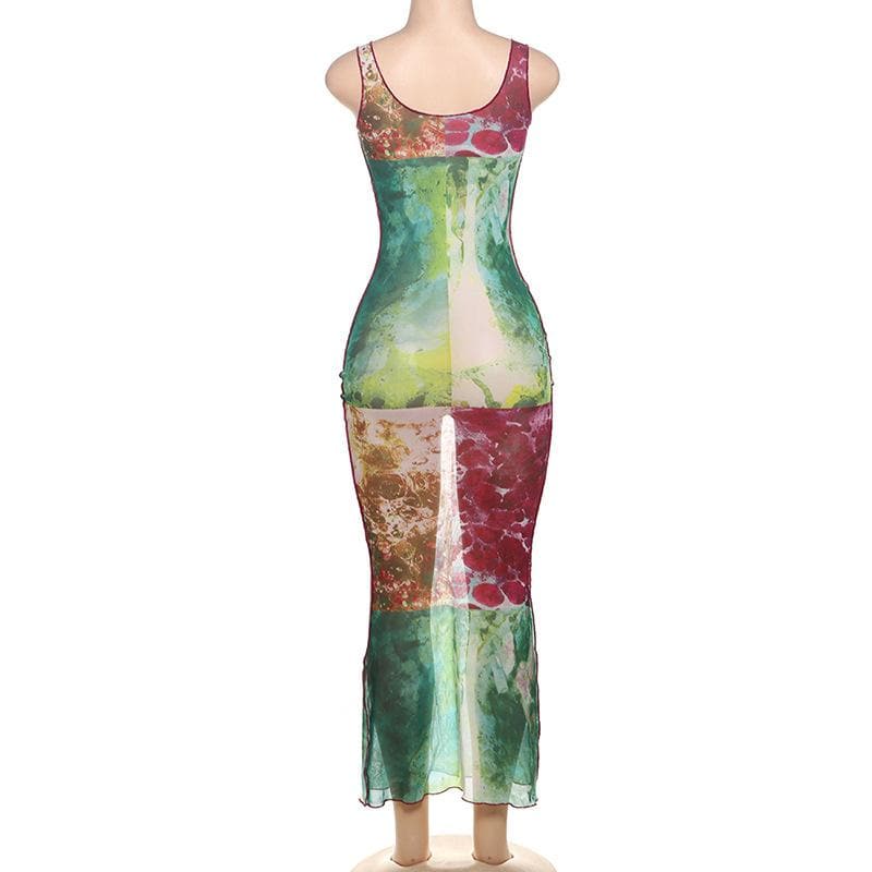 Vibrant Abstract Print Mesh Maxi Dress - Your Chic Fall & Holiday Statement