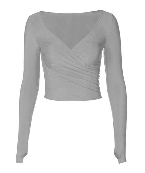 Chic Fall Essential: Black Wrap V-Neck Long Sleeve Crop Top with Thumbholes