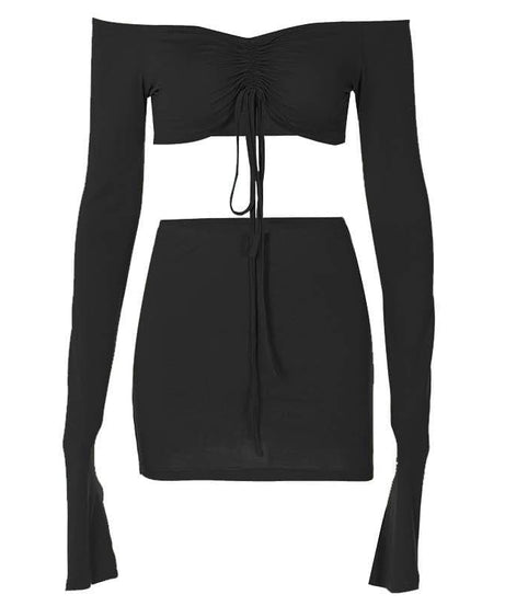 Fall Night Out Ready: Chic Off-Shoulder Cut-Out Mini Skirt Set with Drawstring Detail